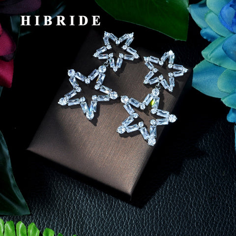 HIBRIDE Marquise Cut Pentagram Zirconia Crystal Long Dangle Drop Earrings
