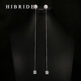 HIBRIDE Long Chain Pearl AAA Zirconia Pendant Drop Earrings E-04