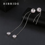 HIBRIDE Long Chain Pearl AAA Zirconia Pendant Drop Earrings E-04