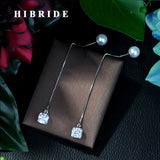 HIBRIDE Long Chain Pearl AAA Zirconia Pendant Drop Earrings E-04