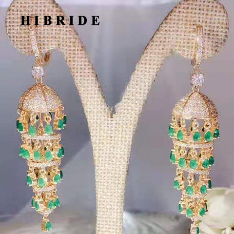 HIBRIDE AAA Cubic Zircon Pave Long Drop Tassel Earrings E-14