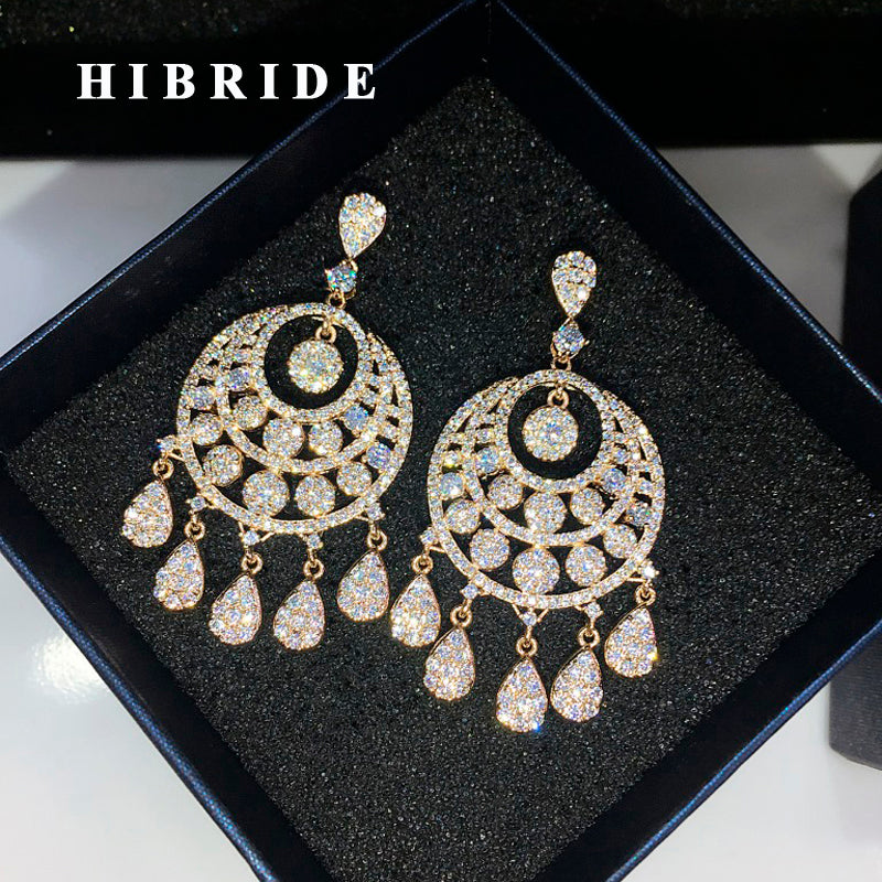 HIBRIDE AAA Cubic Zirconia Gold Big Pendant Drop Earring E-657