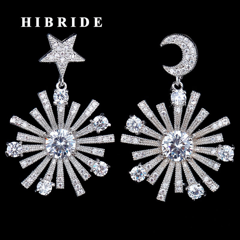 HIBRIDE Moon Star Shape Gold-Color Drop Earrings E-661