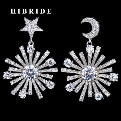 HIBRIDE Moon Star Shape Gold-Color Drop Earrings E-661