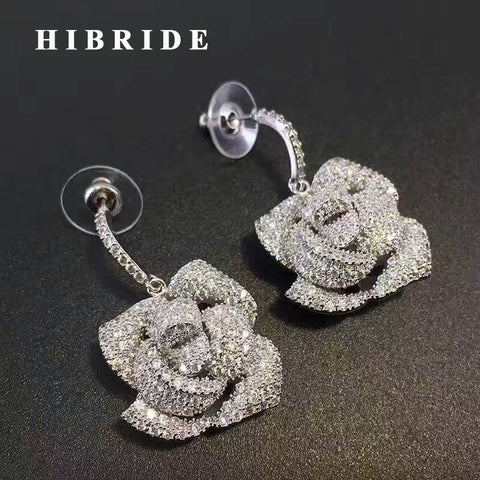 HIBRIDE Flower Shape Micro CZ Stone Pave Women Drop Earring boucle d'oreille E-431