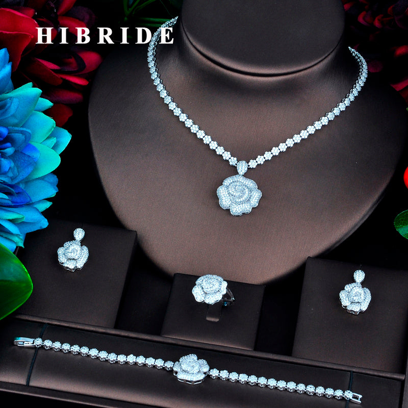HIBRIDE New Beauty Big Flower Design White Gold Color Bridal Jewelry Sets