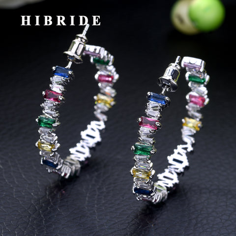 HIBRIDE Irregular Baguette Hoop Earrings Mix Color AAA CZ Crystal Statement Jewelry E-446