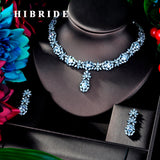 HIBRIDE Flower White Gold Clear Cubic Zircon Pendant Women Jewelry Set