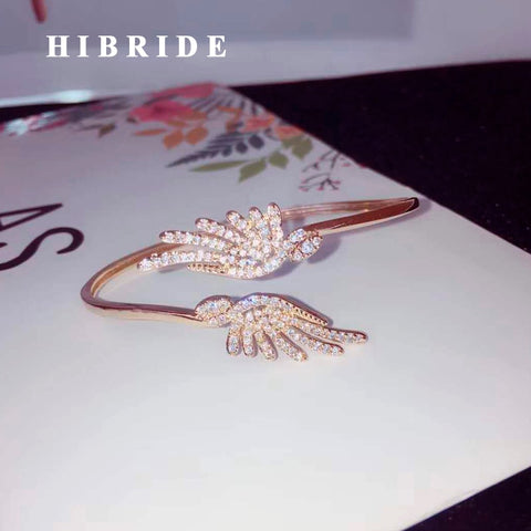 HIBRIDE New Micro CZ Pave Feather Shape Cuff Bracelets and Bangles