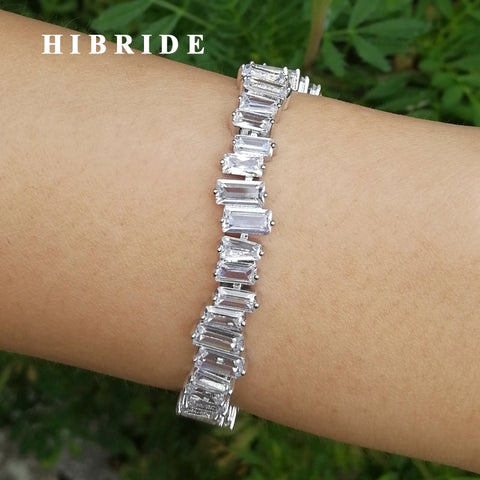 HIBRIDE Clear Cubic Zirconia Baguette Bangles&Bracelets Adjustable Link Cuff Bangle