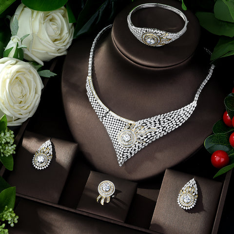 HIBRIDE Luxury Sparking Brilliant Cubic Zircon Necklace Earrings Wedding Bridal Jewelry Sets