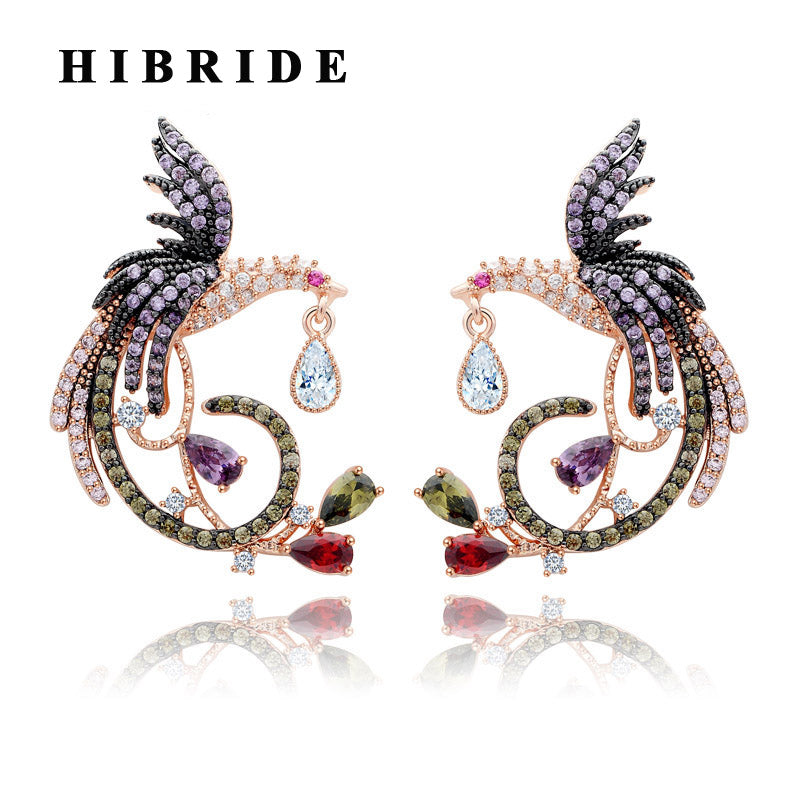 HIBRIDE Phoenix Stud Earrings Unique Design 3 Layers White Gold Color Cubic Zircon E-348