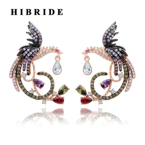 HIBRIDE Phoenix Stud Earrings Unique Design 3 Layers White Gold Color Cubic Zircon E-348