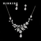 HIBRIDE Unique Design Brazil Style Leaf Shape CZ Pendant Necklace Earring Sets