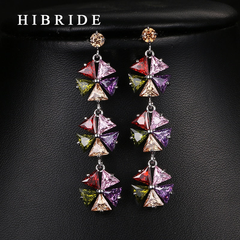 HIBRIDE Vintage Long Drop Flower Cubic Zircon Pendant Earrings