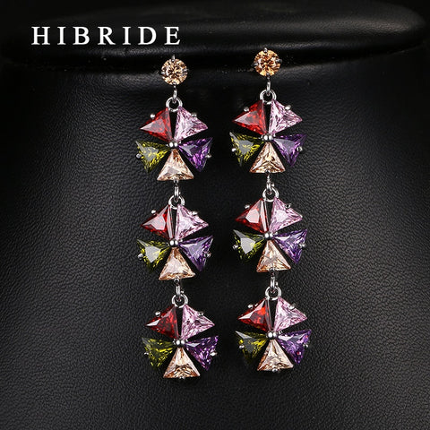 HIBRIDE Vintage Long Drop Flower Cubic Zircon Pendant Earrings