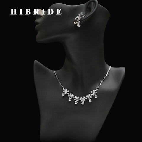 HIBRIDE Water Drop Crystal Rhinestone Brazil Style Wedding Luxury Necklace Earrings Sets