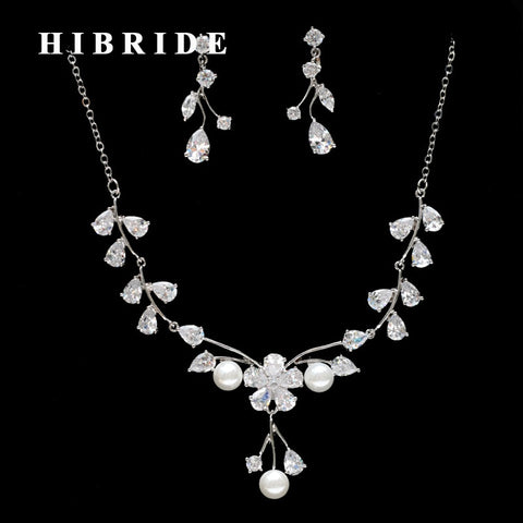 HIBRIDE White Gold Color Flower Clear Cubic Zirconia Pearl Jewelry Sets