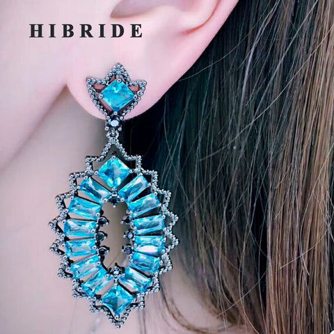 HIBRIDE Wholesale Beautiful Flower Shape Brazil Style Blue Cubic Zirconia Drop Earrings For Women Brincos Pendientes Mujer E-607