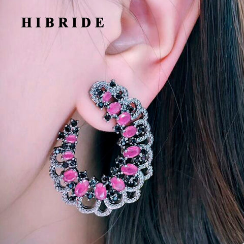 HIBRIDE Flower Design Cubic Zirconia Brincos Statement Earrings E-586