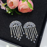 HIBRIDE Long Tassel White Gold Color Cubic Zircon Earrings E-592