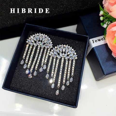 HIBRIDE Long Tassel White Gold Color Cubic Zircon Earrings E-592