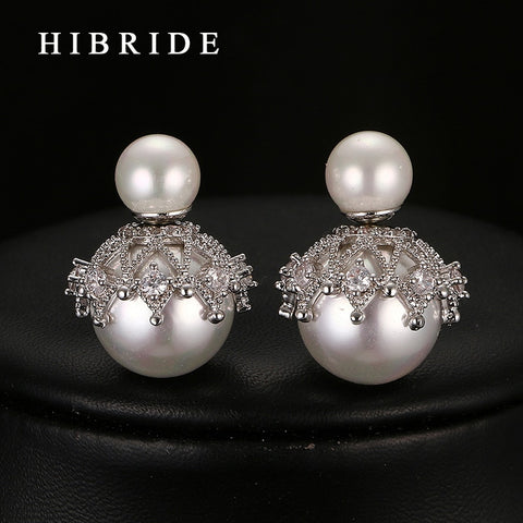 HIBRIDE Double Sides Rhinestones Water Drop Elegant Faux Pearl Earrings E-03