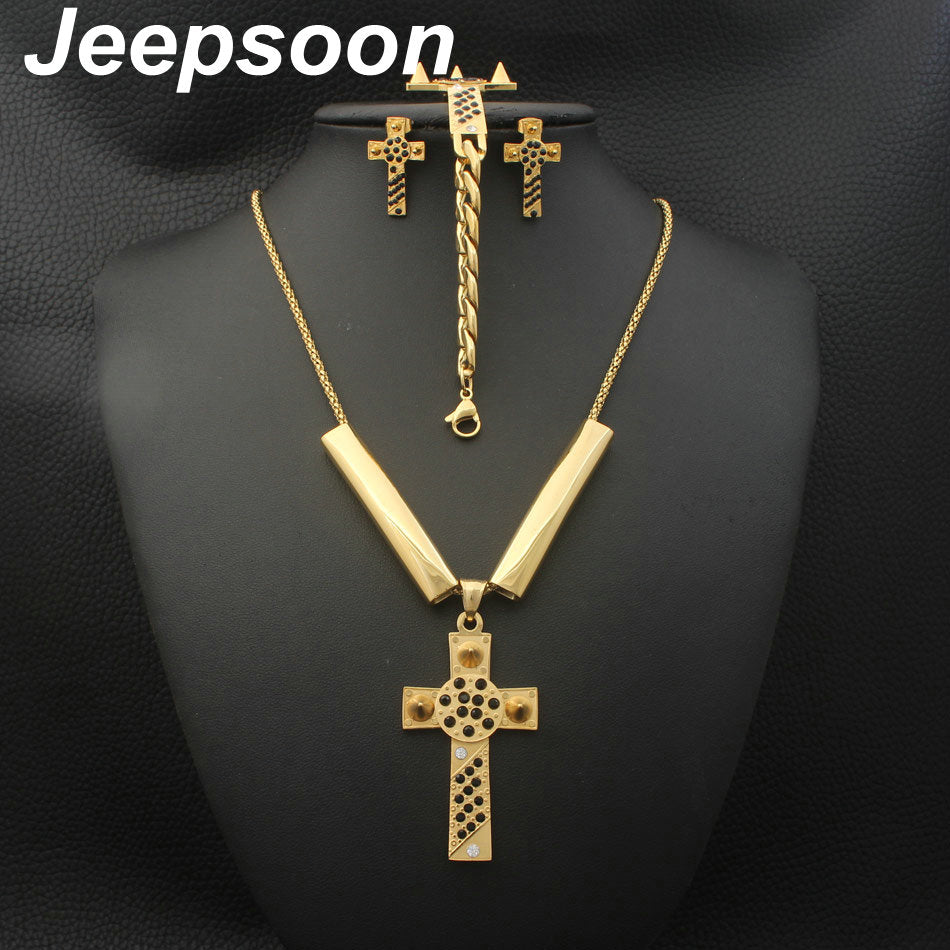 Stainless Steel Metal Gold colors Necklace And Earrings Jewelry Set SDNDANKD