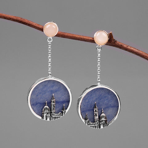 INATURE 925 Sterling Silver Blue Aventurine Florence Cathedral Long Drop Earrings