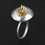 INATURE 925 Sterling Silver Cat Ring Fashion Cat in Flowerpot Adjustable Rings