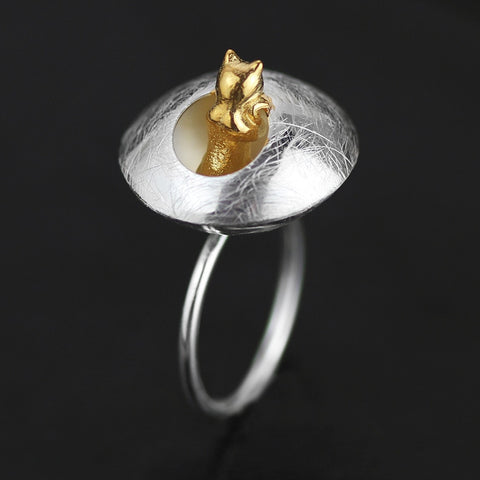 INATURE 925 Sterling Silver Cat Ring Fashion Cat in Flowerpot Adjustable Rings