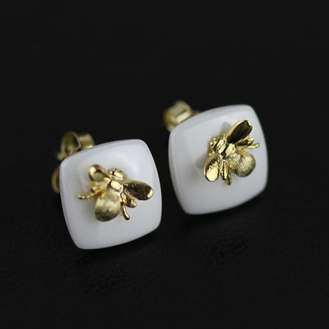 INATURE 925 Sterling Silver Cute Bee Ceramic Stud Earrings