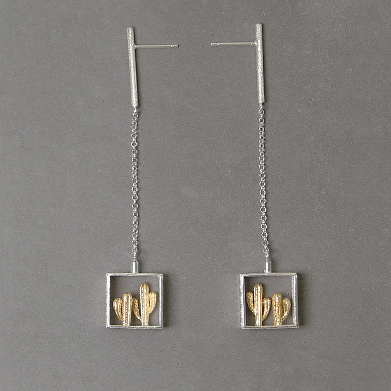 INATURE 925 Sterling Silver Fashion Cactus Long Drop Earrings