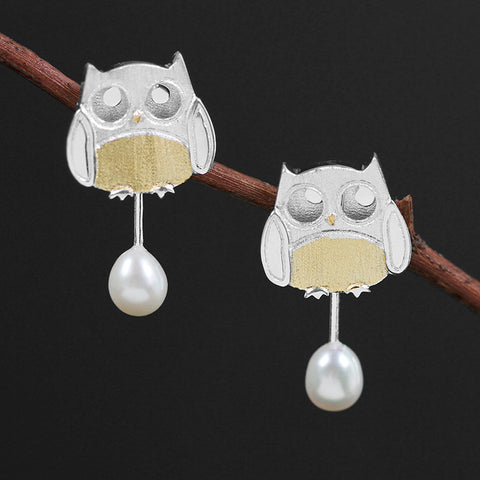 INATURE 925 Sterling Silver Freshwater Pearl Cute Owl Stud Earrings