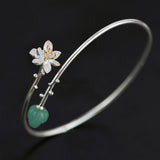 INATURE 925 Sterling Silver Green Aventurine Lotus Flower Adjustable Open Cuff Bracelet