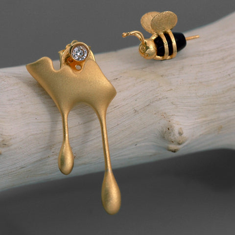 INATURE 925 Sterling Silver Honey and Bee Asymmetric Stud Earrings