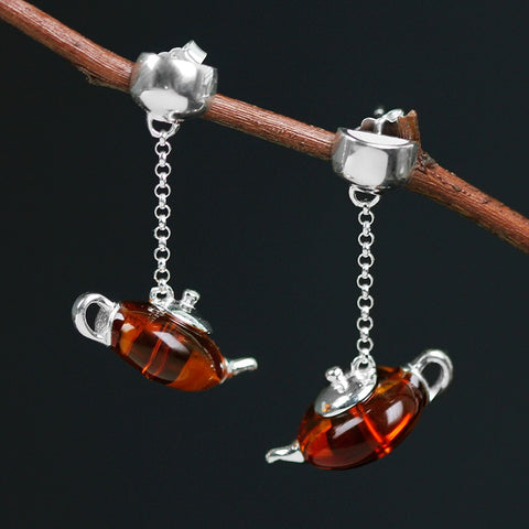 INATURE 925 Sterling Silver Jewelry Natural Amber Teapot Drop Earrings