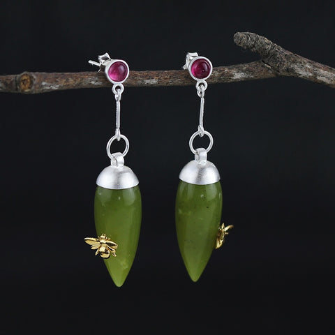 INATURE 925 Sterling Silver Jewelry Natural Olive Jade Tourmaline Drop Earrings