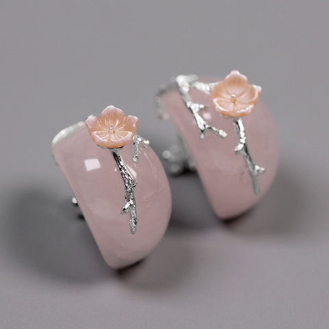 INATURE 925 Sterling Silver Jewelry Natural Rose Quartz Flower Branch Stud Earrings