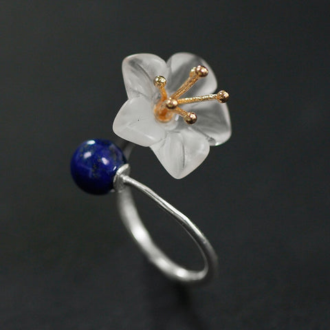 INATURE 925 Sterling Silver Lapis Lazuli Crystal Flower Rings