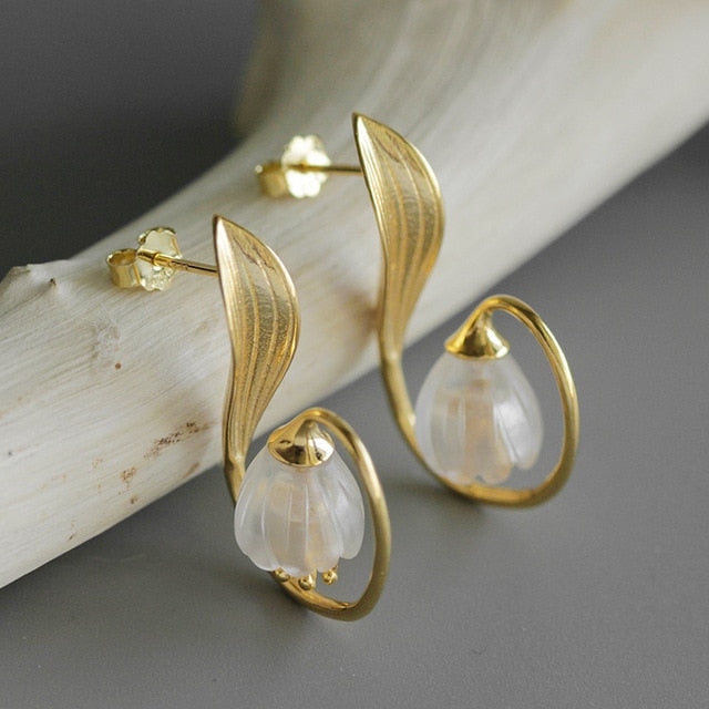 INATURE 925 Sterling Silver Lily of the Valley Flower Crystal Stud Earrings