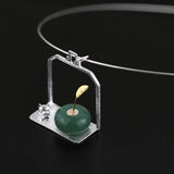 INATURE 925 Sterling Silver Natural Aventurine Flowerpot Cat Animal Pendant Necklace