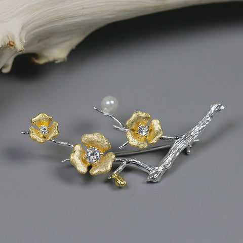 INATURE 925 Sterling Silver Natural Pearl Flower Branch Brooches