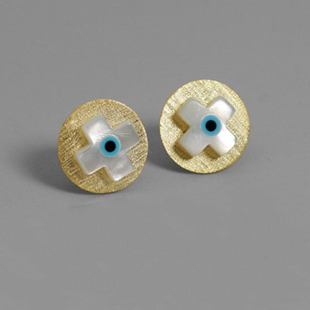 INATURE 925 Sterling Silver Natural Shell Cross Stud Earrings