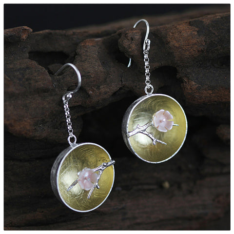 INATURE 925 Sterling Silver Natural Shell Plum Flower Vintage Drop Earrings