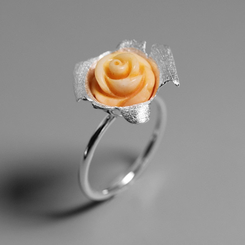 INATURE 925 Sterling Silver Orange Coral Rose Flower Wedding Ring