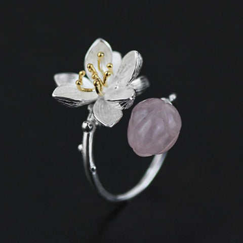 INATURE 925 Sterling Silver Pink Crystal Lotus Flower Adjustable Finger Rings