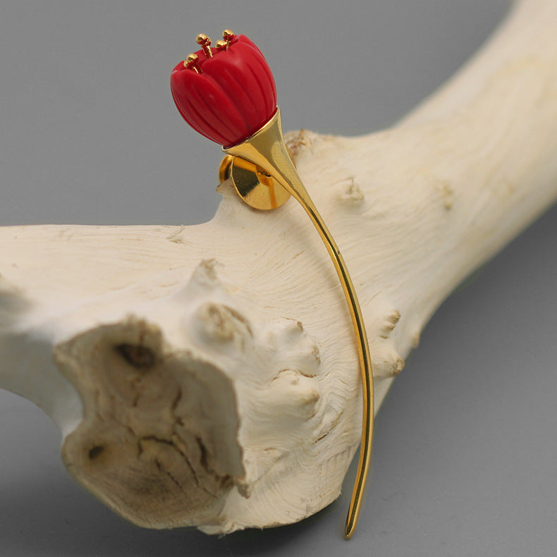 INATURE 925 Sterling Silver Red Coral Flower Brooch Pin