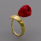 INATURE 925 Sterling Silver Red Coral Lily of the Valley Flower Open Rings