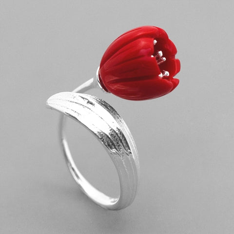 INATURE 925 Sterling Silver Red Coral Lily of the Valley Flower Open Rings